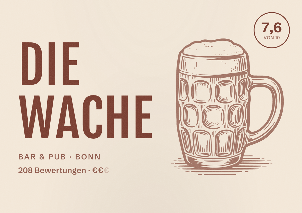 Illustriertes Poster von Die Wache, Bar & Pub in Bonn: Bewertung 7,5 von 10 aus 145 Bewertungen, Preisniveau €