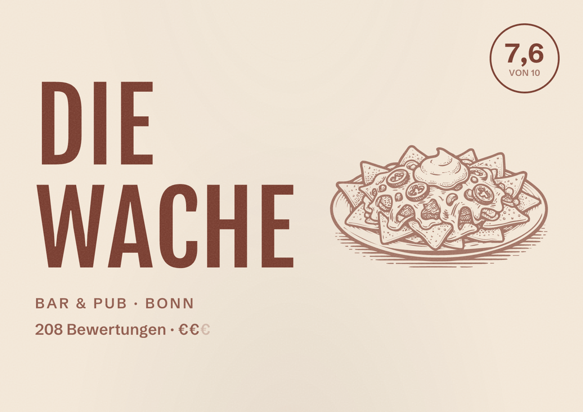Illustriertes Poster von Die Wache, Bar & Pub in Bonn: Bewertung 7,6 von 10 aus 208 Bewertungen, Preisniveau €€