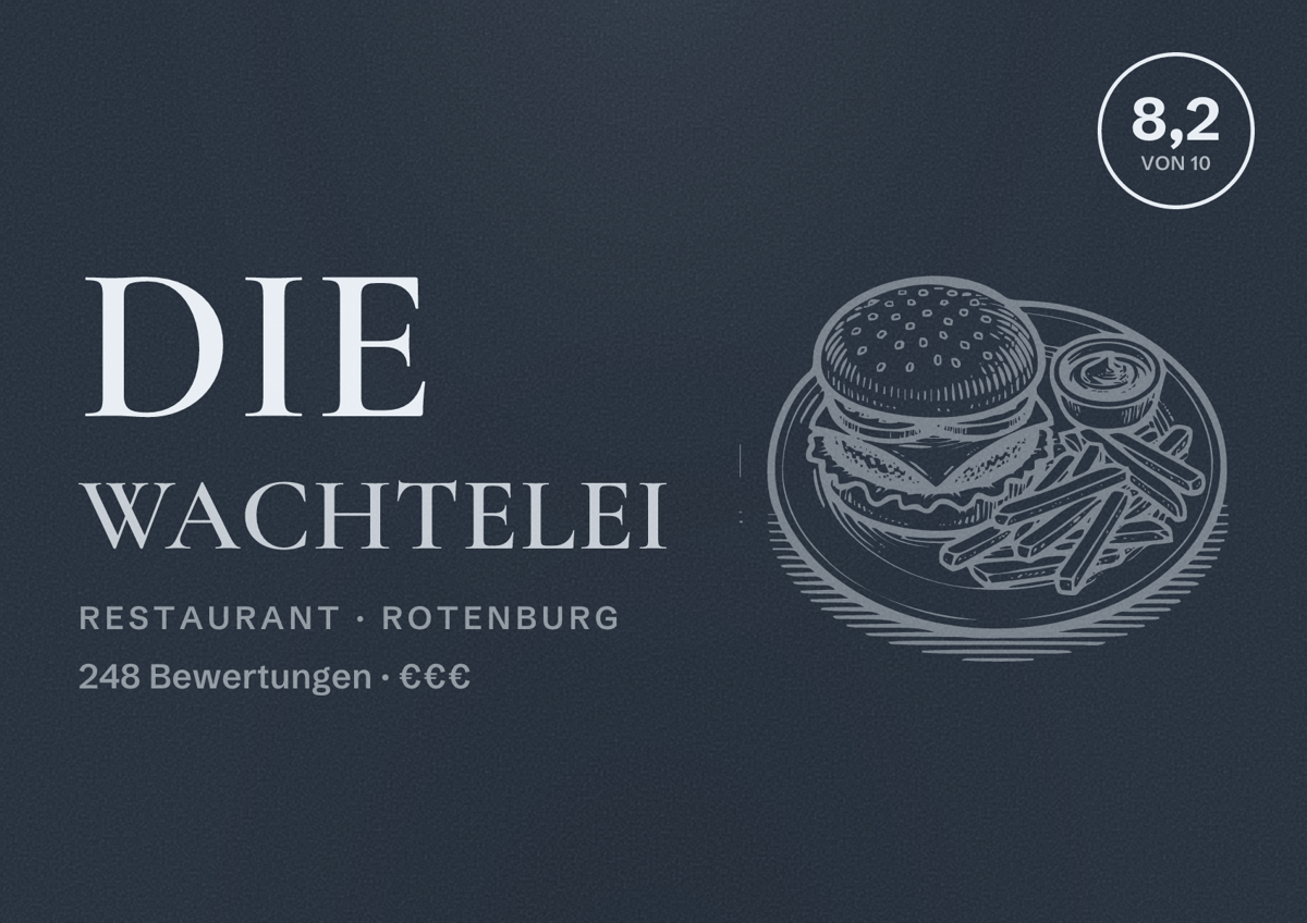 Illustriertes Poster von Die Wachtelei, Restaurant in Rotenburg: Bewertung 8,2 von 10 aus 248 Bewertungen, Preisniveau €€€