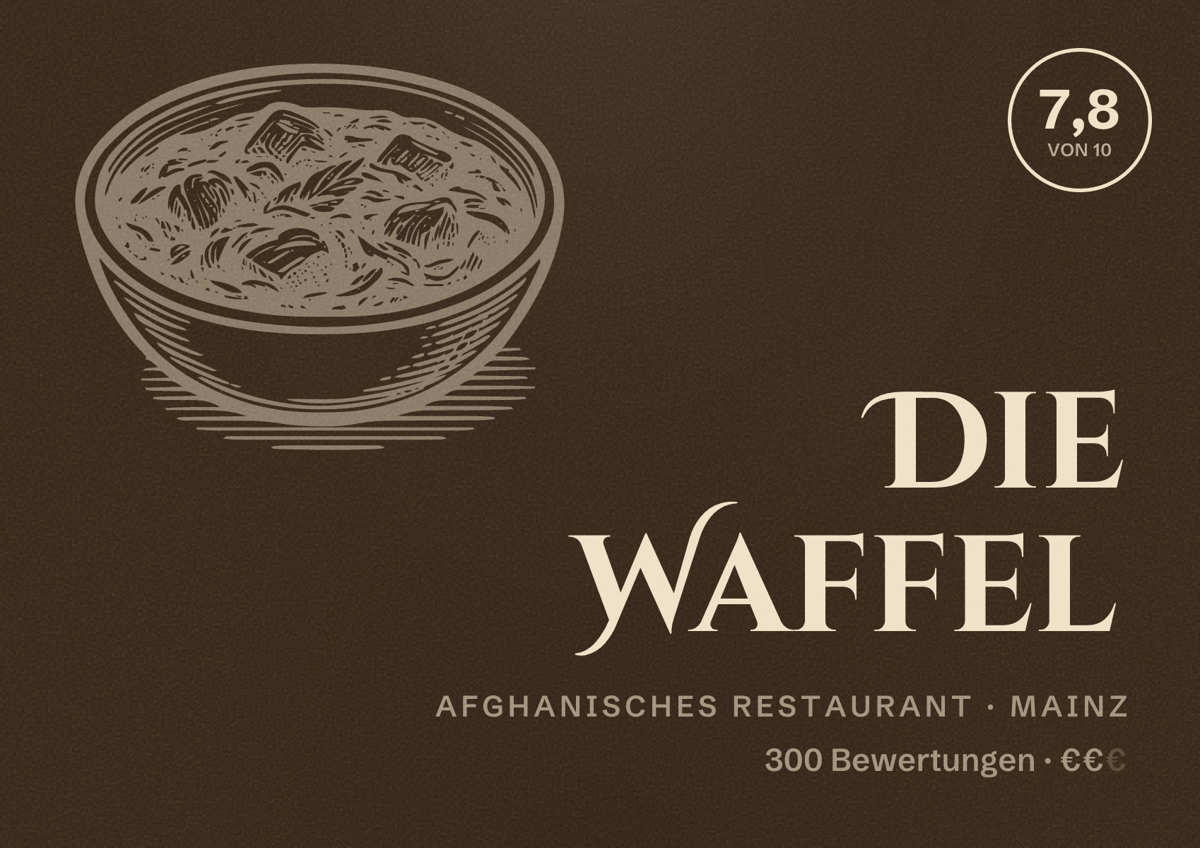 Illustriertes Poster von Die Waffel, Afghanisches Restaurant in Mainz: Bewertung 7,8 von 10 aus 300 Bewertungen, Preisniveau €€