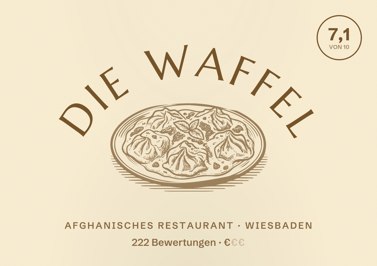 Illustriertes Poster von Die Waffel, Afghanisches Restaurant in Wiesbaden: Bewertung 7,1 von 10 aus 222 Bewertungen, Preisniveau €