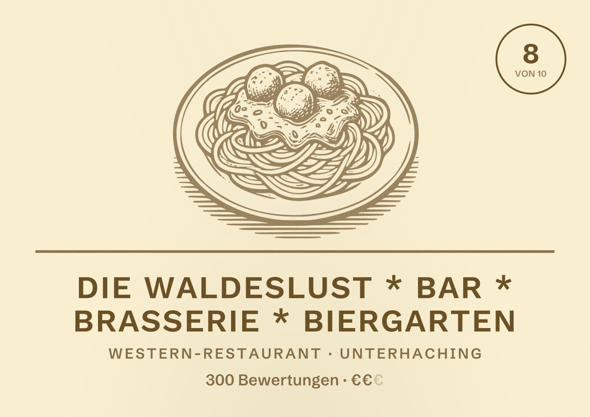 Illustriertes Poster von Die Waldeslust * Bar * Brasserie * Biergarten, Western-Restaurant in Unterhaching: Bewertung 8 von 10 aus 300 Bewertungen, Preisniveau €€