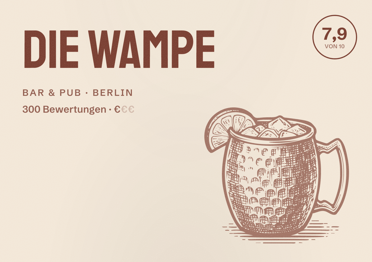 Illustriertes Poster von Die Wampe, Bar & Pub in Berlin: Bewertung 7,9 von 10 aus 300 Bewertungen, Preisniveau €