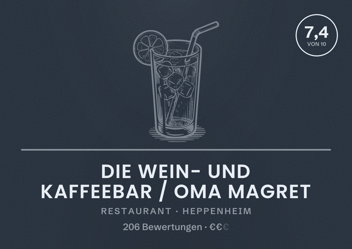 Illustriertes Poster von Die Wein- und Kaffeebar / Oma Magret, Restaurant in Heppenheim: Bewertung 7,4 von 10 aus 206 Bewertungen, Preisniveau €€