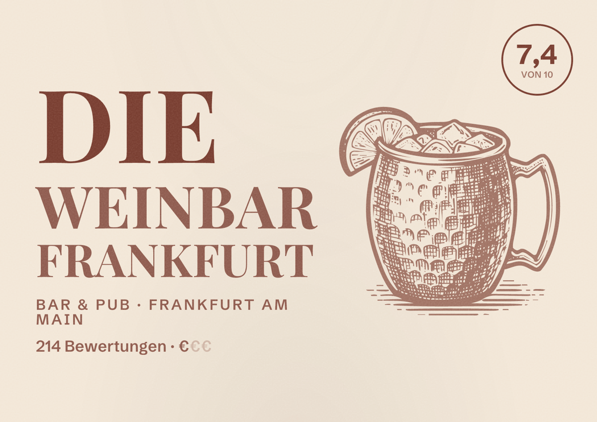 Illustriertes Poster von Die Weinbar Frankfurt, Bar & Pub in Frankfurt am Main: Bewertung 7,4 von 10 aus 214 Bewertungen, Preisniveau €