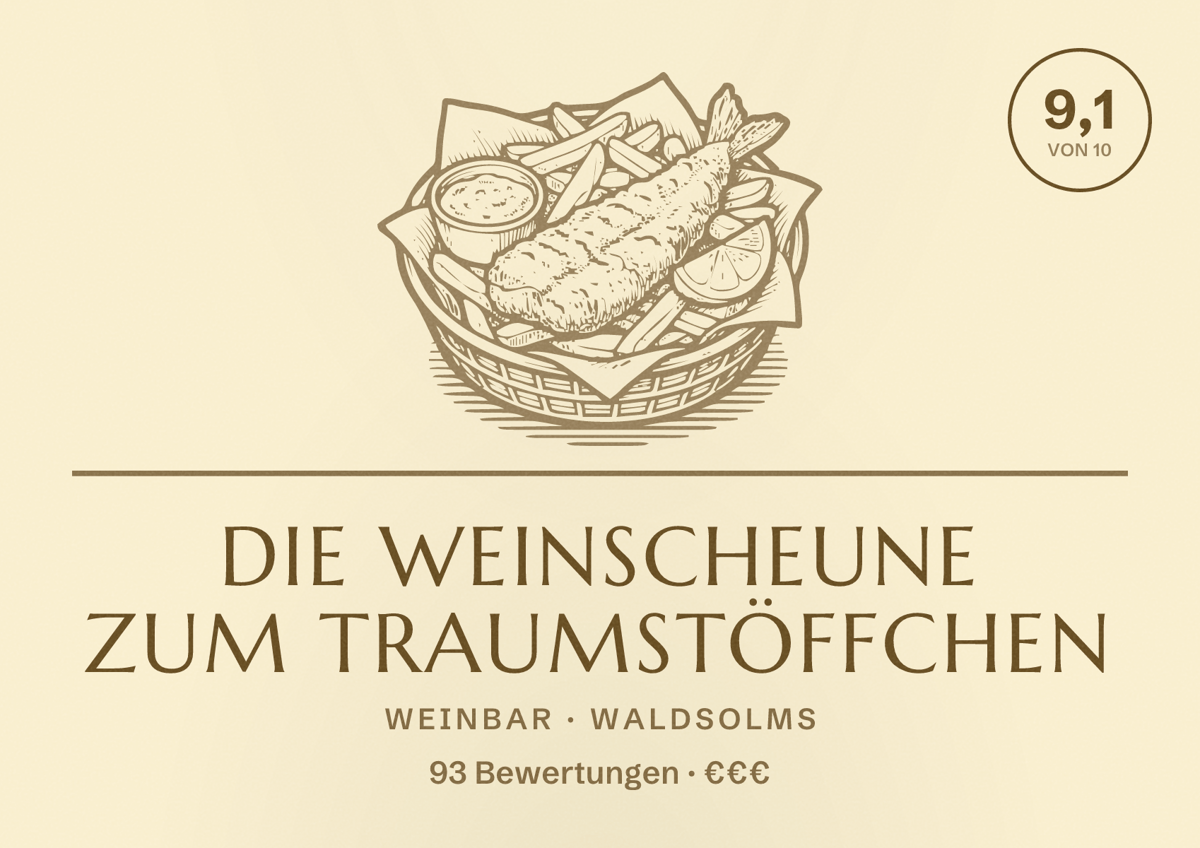 Illustriertes Poster von Die Weinscheune zum Traumstöffchen, Weinbar in Waldsolms: Bewertung 9,1 von 10 aus 93 Bewertungen, Preisniveau €€€