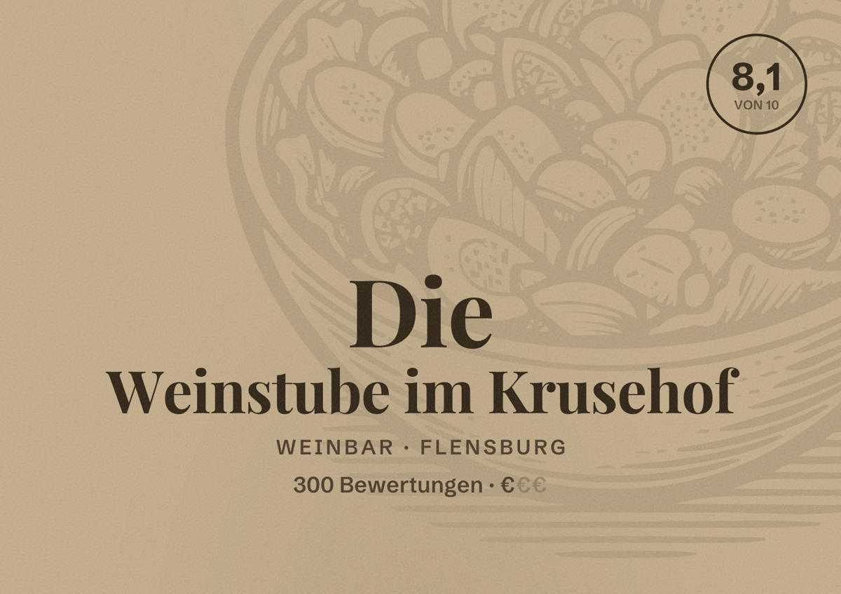 Illustriertes Poster von Die Weinstube im Krusehof, Weinbar in Flensburg: Bewertung 8,1 von 10 aus 300 Bewertungen, Preisniveau €