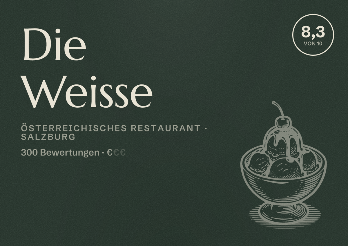Illustriertes Poster von Die Weisse, Österreichisches Restaurant in Salzburg: Bewertung 8,3 von 10 aus 300 Bewertungen, Preisniveau €
