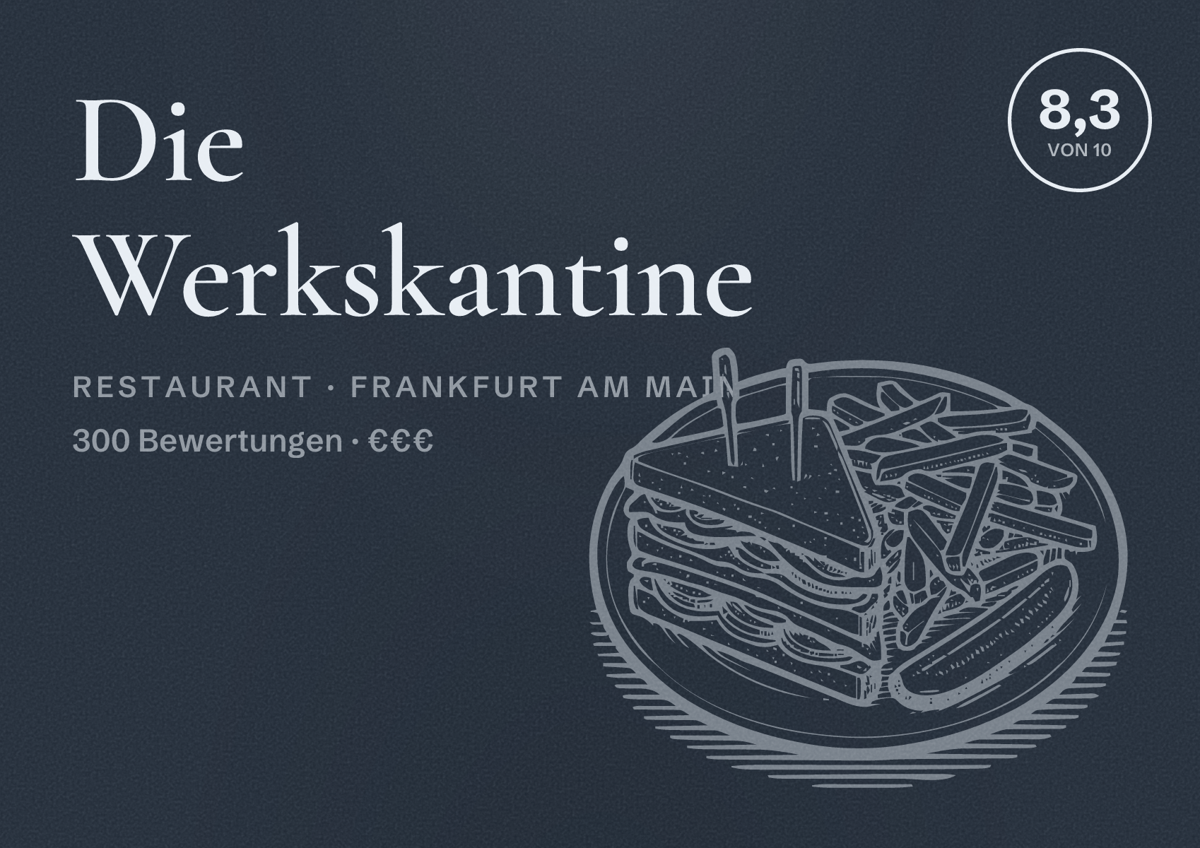 Illustriertes Poster von Die Werkskantine, Restaurant in Frankfurt am Main: Bewertung 8,3 von 10 aus 300 Bewertungen, Preisniveau €€€