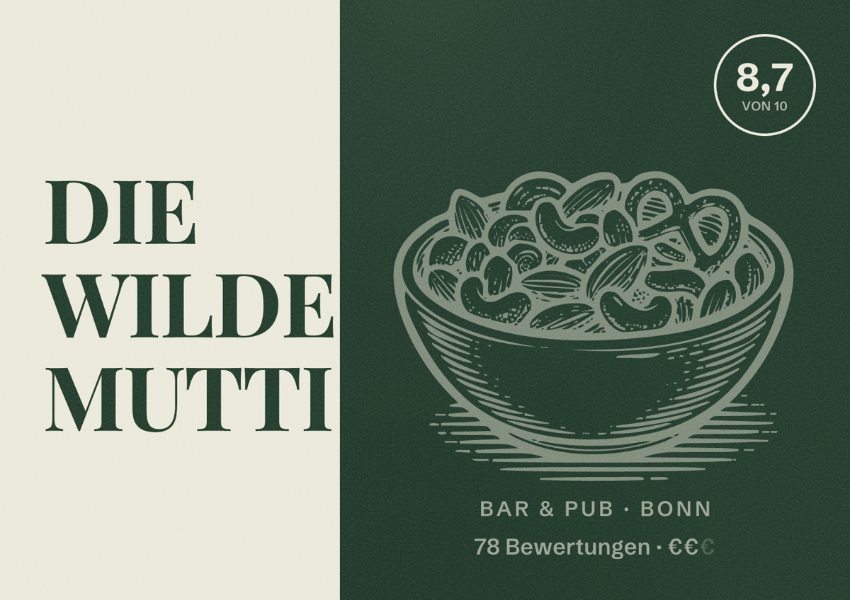 Illustriertes Poster von DIE WILDE MUTTI, Bar & Pub in Bonn: Bewertung 8,1 von 10 aus 46 Bewertungen, Preisniveau €€