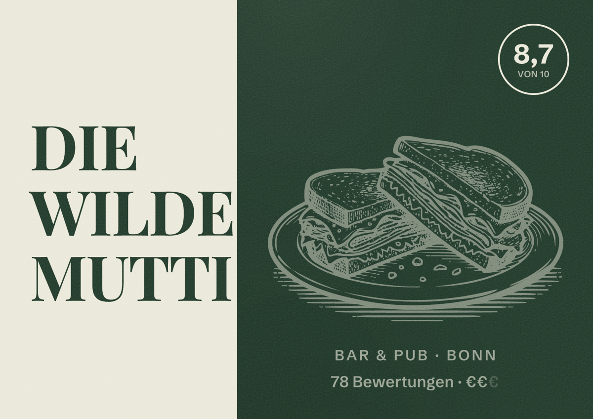 Illustriertes Poster von DIE WILDE MUTTI, Bar & Pub in Bonn: Bewertung 8,7 von 10 aus 78 Bewertungen, Preisniveau €€