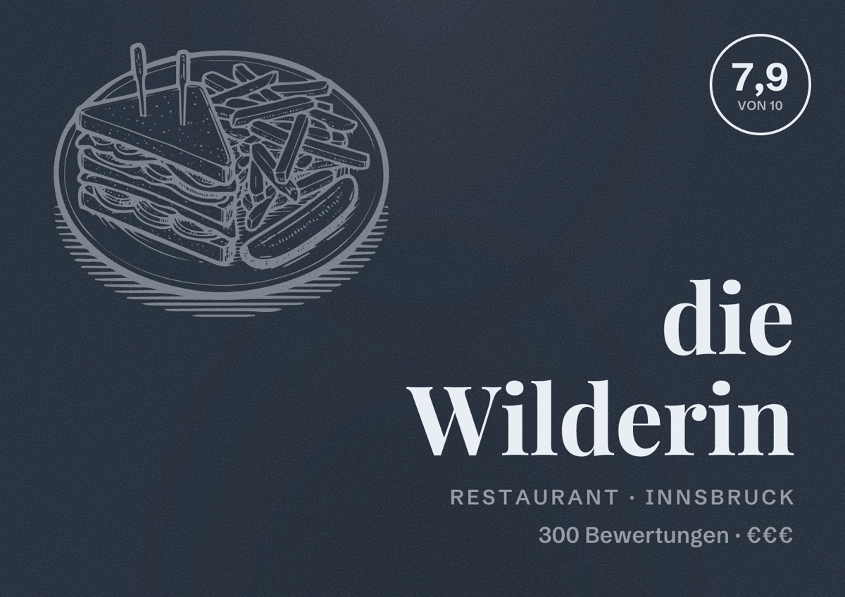 Illustriertes Poster von die Wilderin, Restaurant in Innsbruck: Bewertung 7,9 von 10 aus 300 Bewertungen, Preisniveau €€€