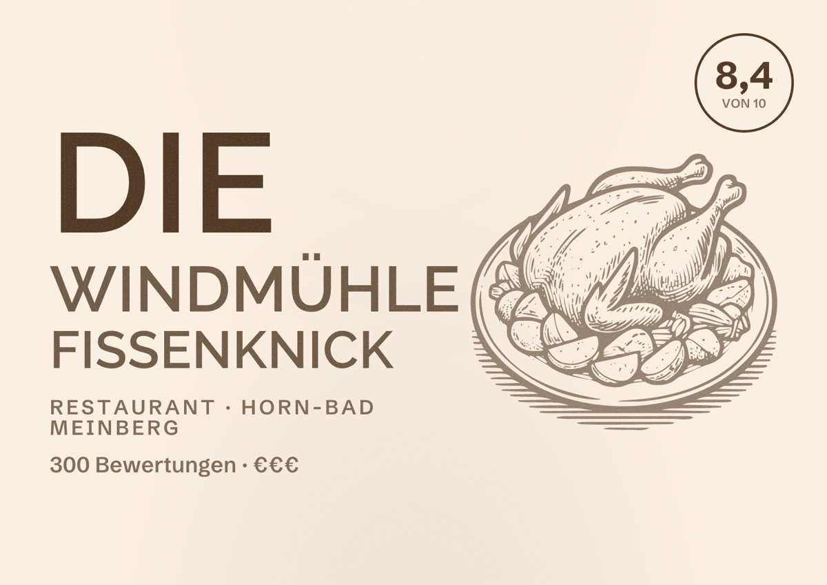 Illustriertes Poster von Die Windmühle Fissenknick, Restaurant in Horn-Bad Meinberg: Bewertung 8,4 von 10 aus 300 Bewertungen, Preisniveau €€€