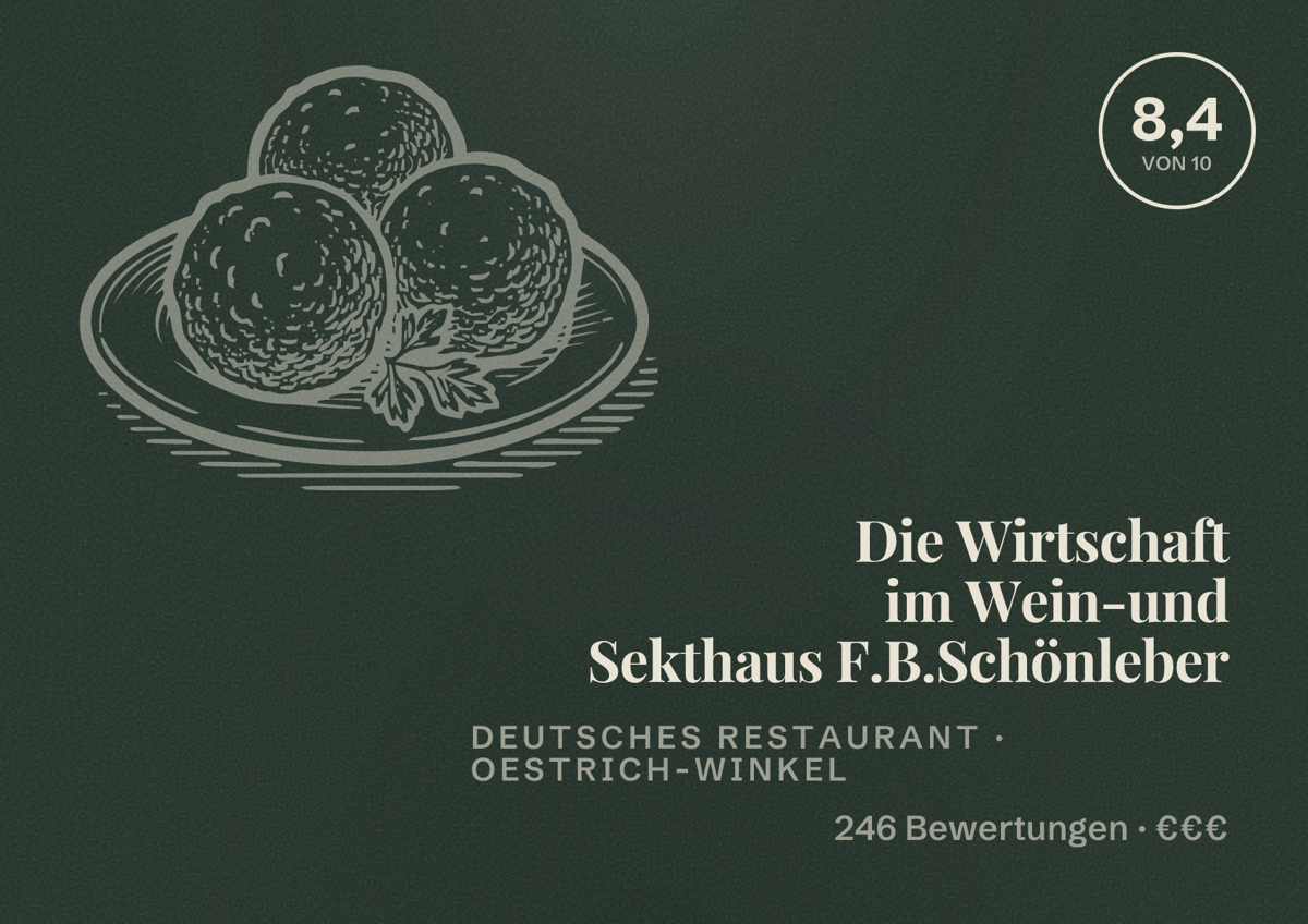 Illustriertes Poster von Die Wirtschaft im Wein-und Sekthaus F.B.Schönleber, Deutsches Restaurant in Oestrich-Winkel: Bewertung 8,4 von 10 aus 246 Bewertungen, Preisniveau €€€