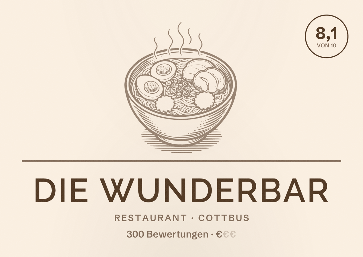 Illustriertes Poster von Die Wunderbar, Restaurant in Cottbus: Bewertung 8,1 von 10 aus 300 Bewertungen, Preisniveau €