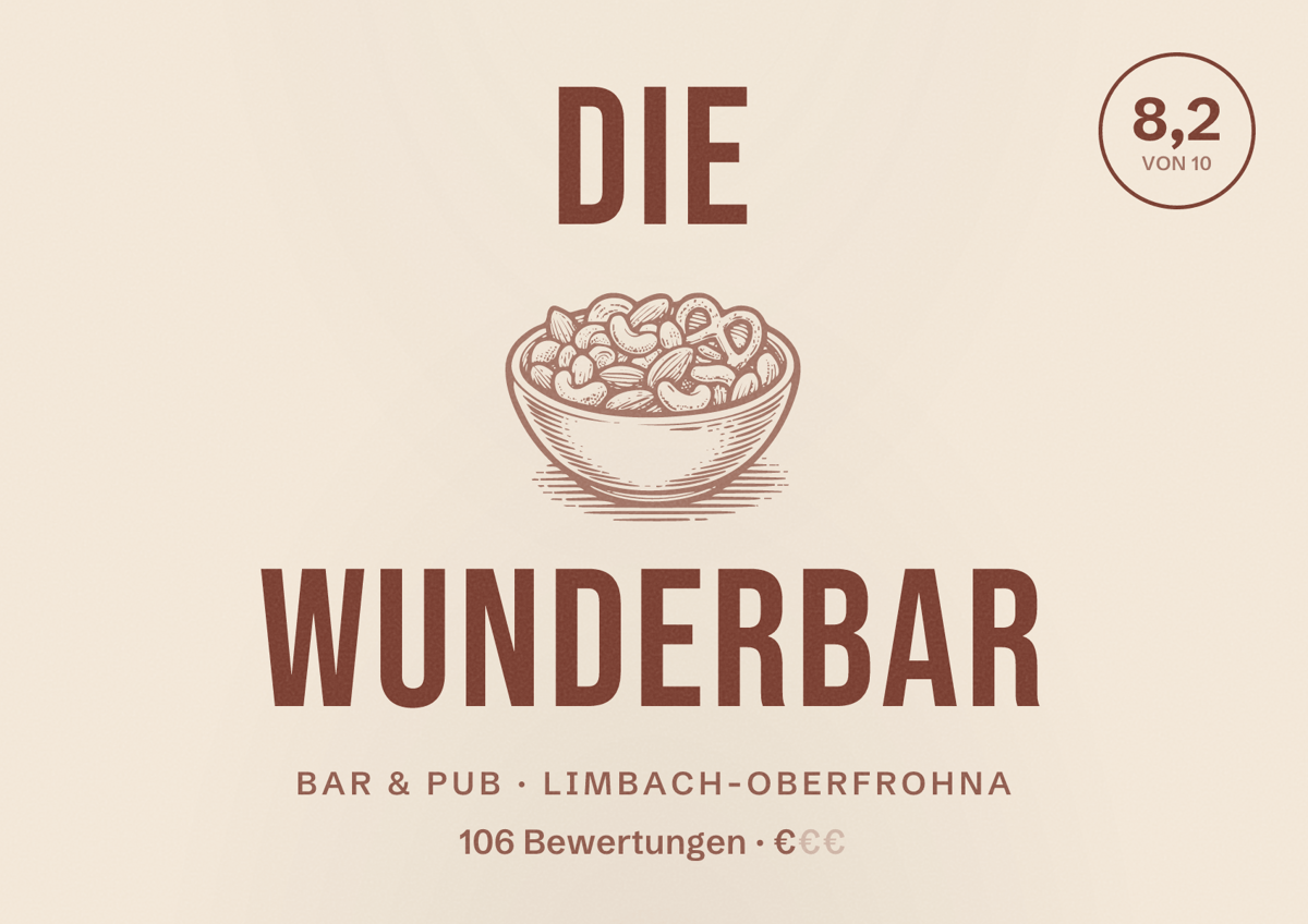 Illustriertes Poster von Die WunderBar, Bar & Pub in Limbach-Oberfrohna: Bewertung 8,2 von 10 aus 106 Bewertungen, Preisniveau €