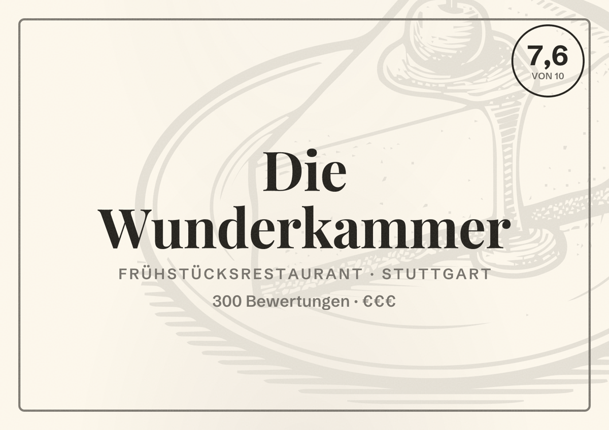 Illustriertes Poster von Die Wunderkammer, Frühstücksrestaurant in Stuttgart: Bewertung 7,6 von 10 aus 300 Bewertungen, Preisniveau €€€