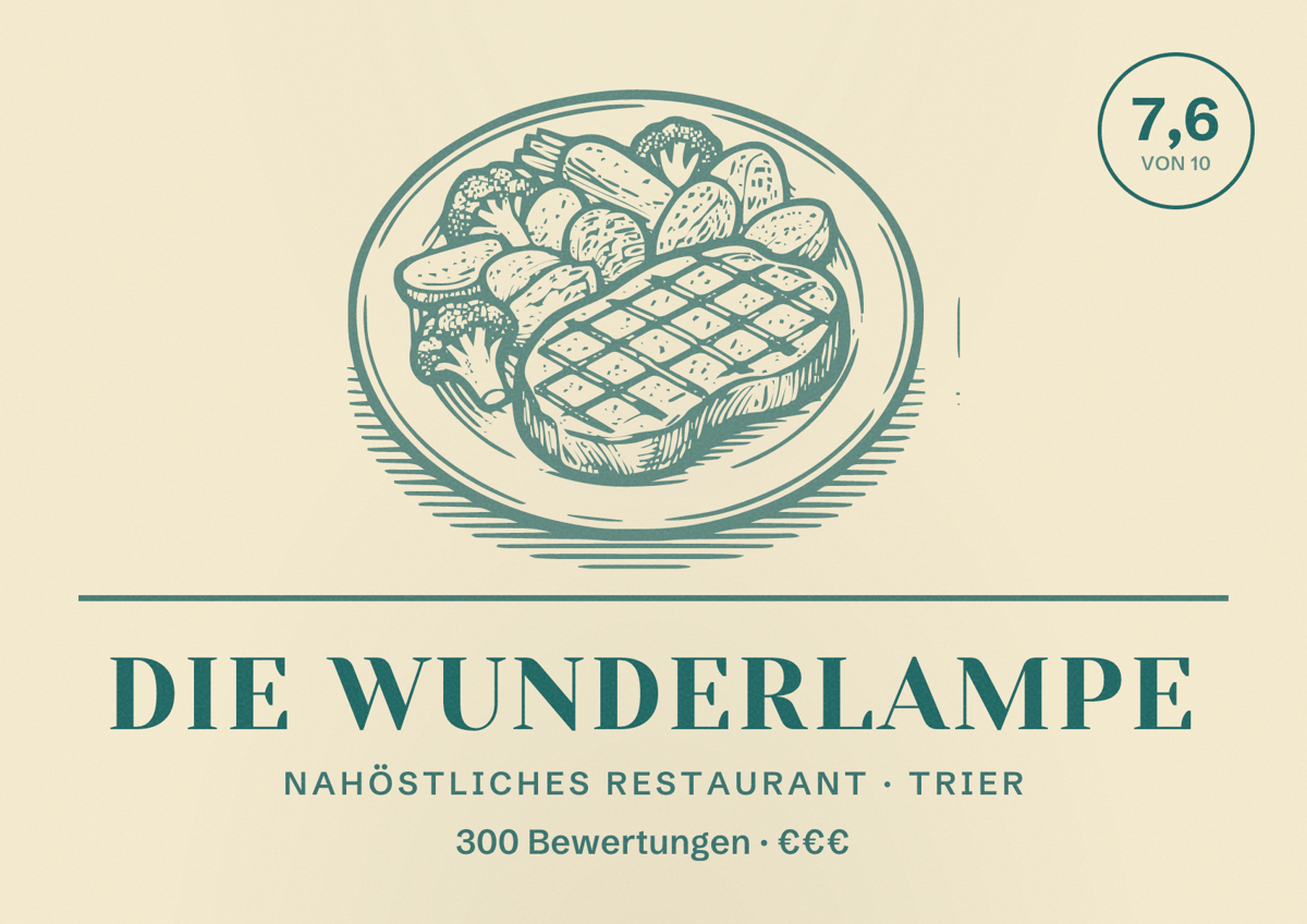 Illustriertes Poster von Die Wunderlampe, Nahöstliches Restaurant in Trier: Bewertung 7,6 von 10 aus 300 Bewertungen, Preisniveau €€€