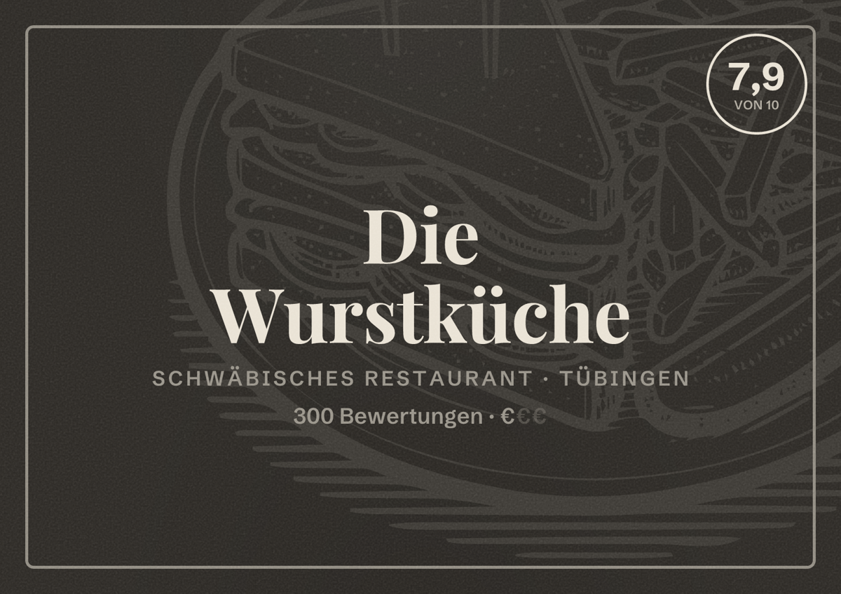 Illustriertes Poster von Die Wurstküche, Schwäbisches Restaurant in Tübingen: Bewertung 7,9 von 10 aus 300 Bewertungen, Preisniveau €