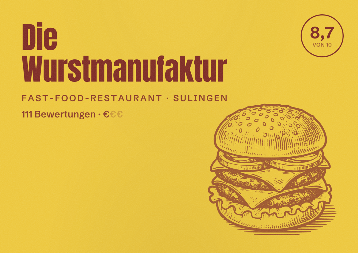 Illustriertes Poster von Die Wurstmanufaktur, Fast-Food-Restaurant in Sulingen: Bewertung 8,7 von 10 aus 111 Bewertungen, Preisniveau €