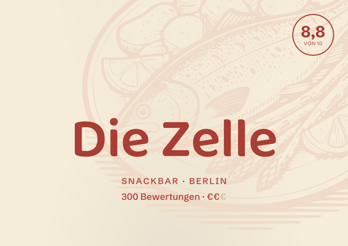 Illustriertes Poster von Die Zelle, Snackbar in Berlin: Bewertung 8,8 von 10 aus 300 Bewertungen, Preisniveau €€