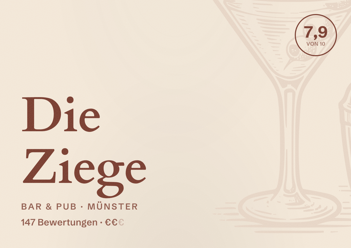 Illustriertes Poster von Die Ziege, Bar & Pub in Münster: Bewertung 7,9 von 10 aus 147 Bewertungen, Preisniveau €€