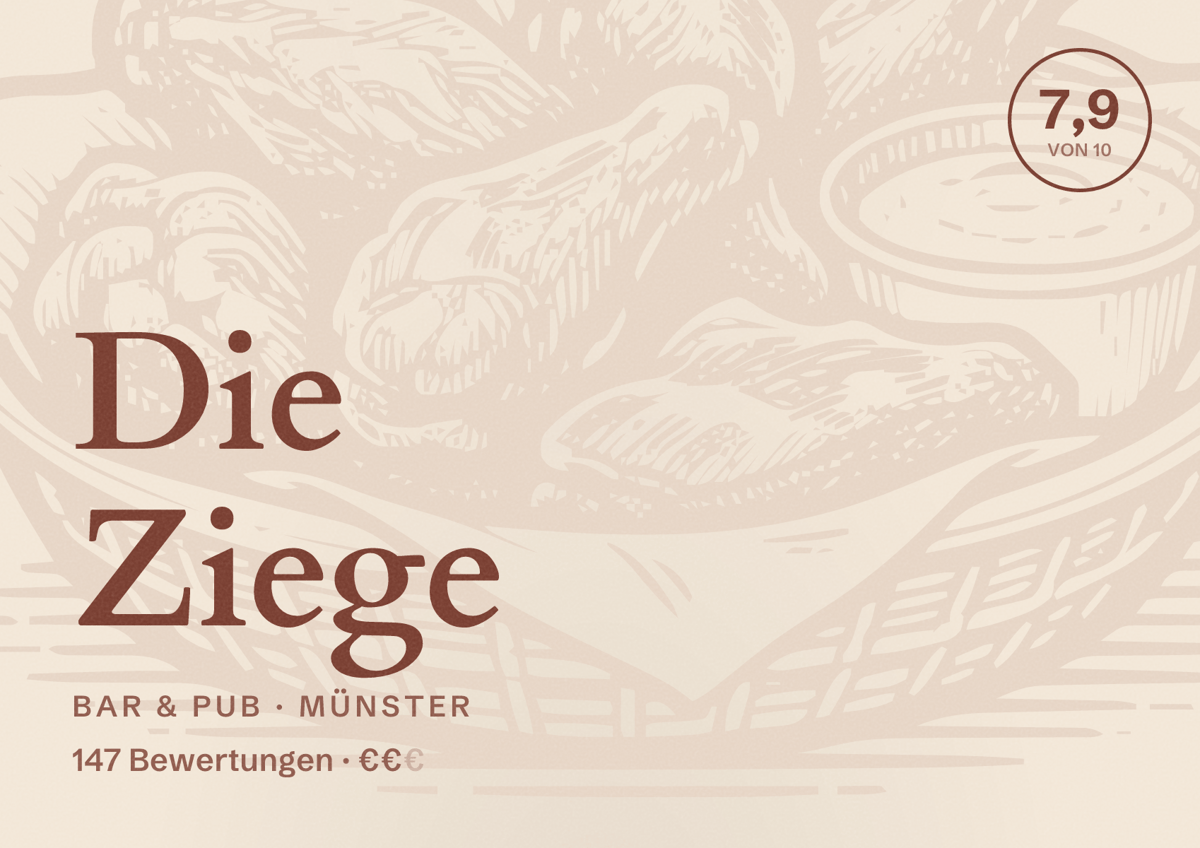 Illustriertes Poster von Die Ziege, Bar & Pub in Münster: Bewertung 7,9 von 10 aus 147 Bewertungen, Preisniveau €€