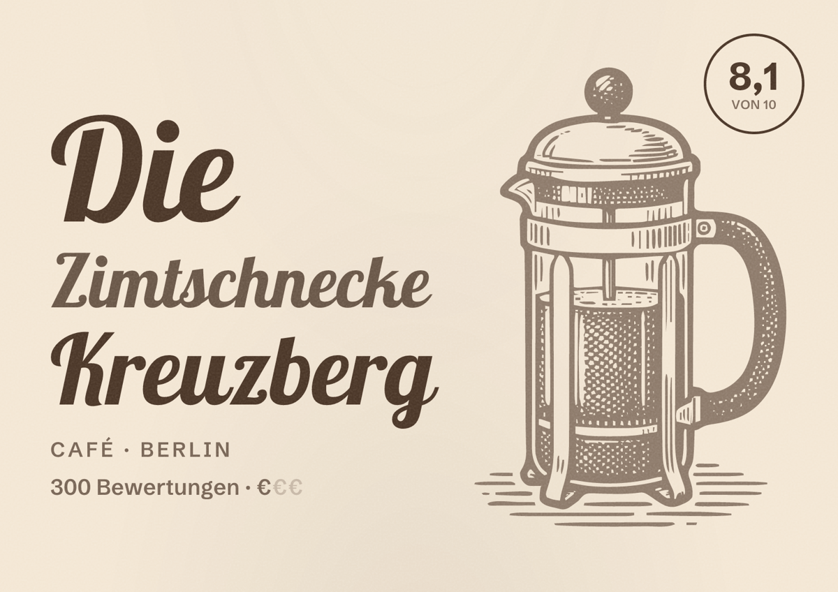 Illustriertes Poster von Die Zimtschnecke Kreuzberg, Café in Berlin: Bewertung 8,1 von 10 aus 300 Bewertungen, Preisniveau €