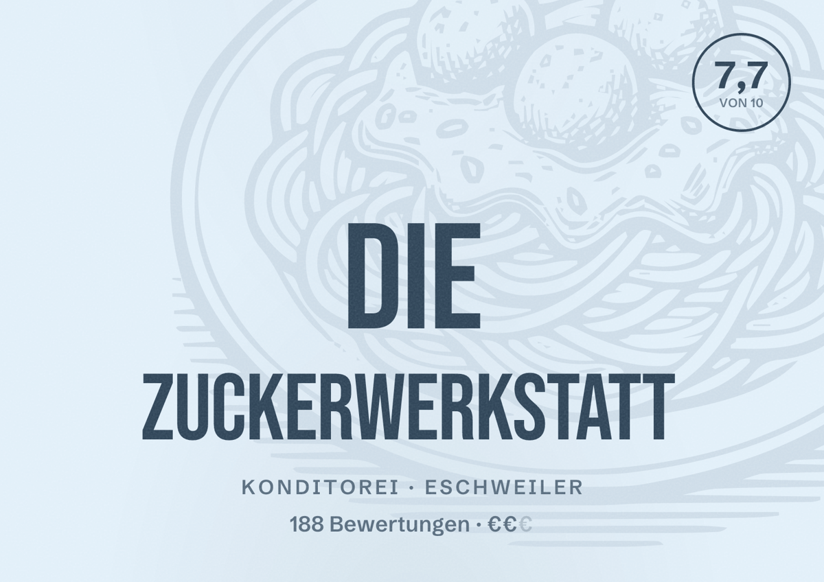 Illustriertes Poster von Die Zuckerwerkstatt, Konditorei in Eschweiler: Bewertung 7,7 von 10 aus 188 Bewertungen, Preisniveau €€