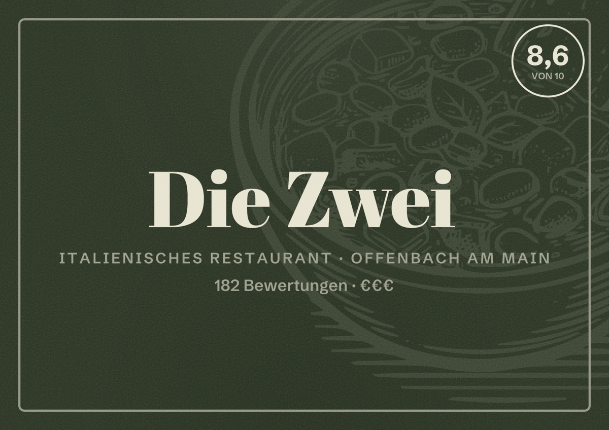 Illustriertes Poster von Die Zwei, Italienisches Restaurant in Offenbach am Main: Bewertung 8,6 von 10 aus 182 Bewertungen, Preisniveau €€€