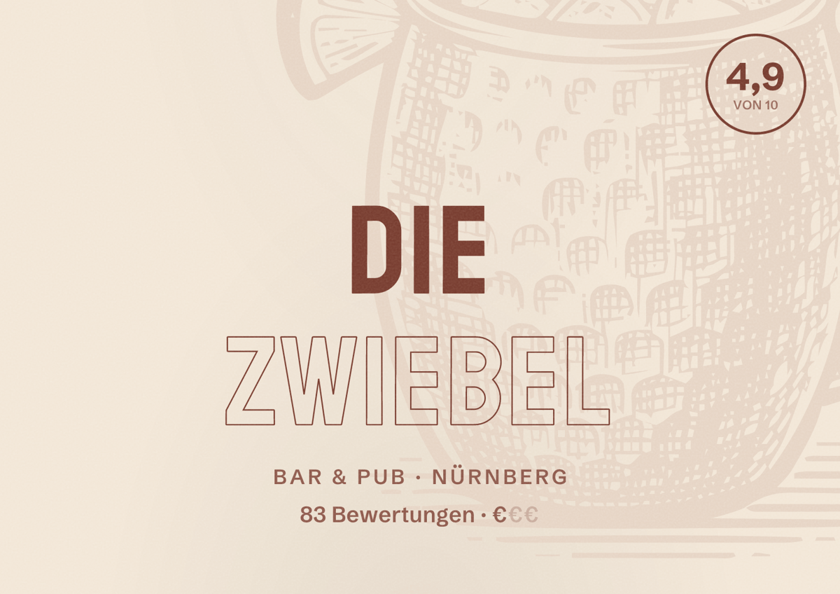 Illustriertes Poster von Die Zwiebel, Bar & Pub in Nürnberg: Bewertung 4,9 von 10 aus 83 Bewertungen, Preisniveau €