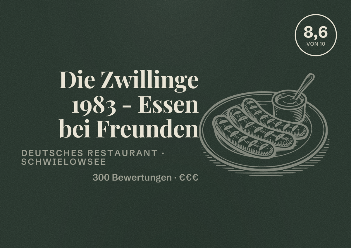 Illustriertes Poster von Die Zwillinge 1983 - Essen bei Freunden, Deutsches Restaurant in Schwielowsee: Bewertung 8,6 von 10 aus 300 Bewertungen, Preisniveau €€€