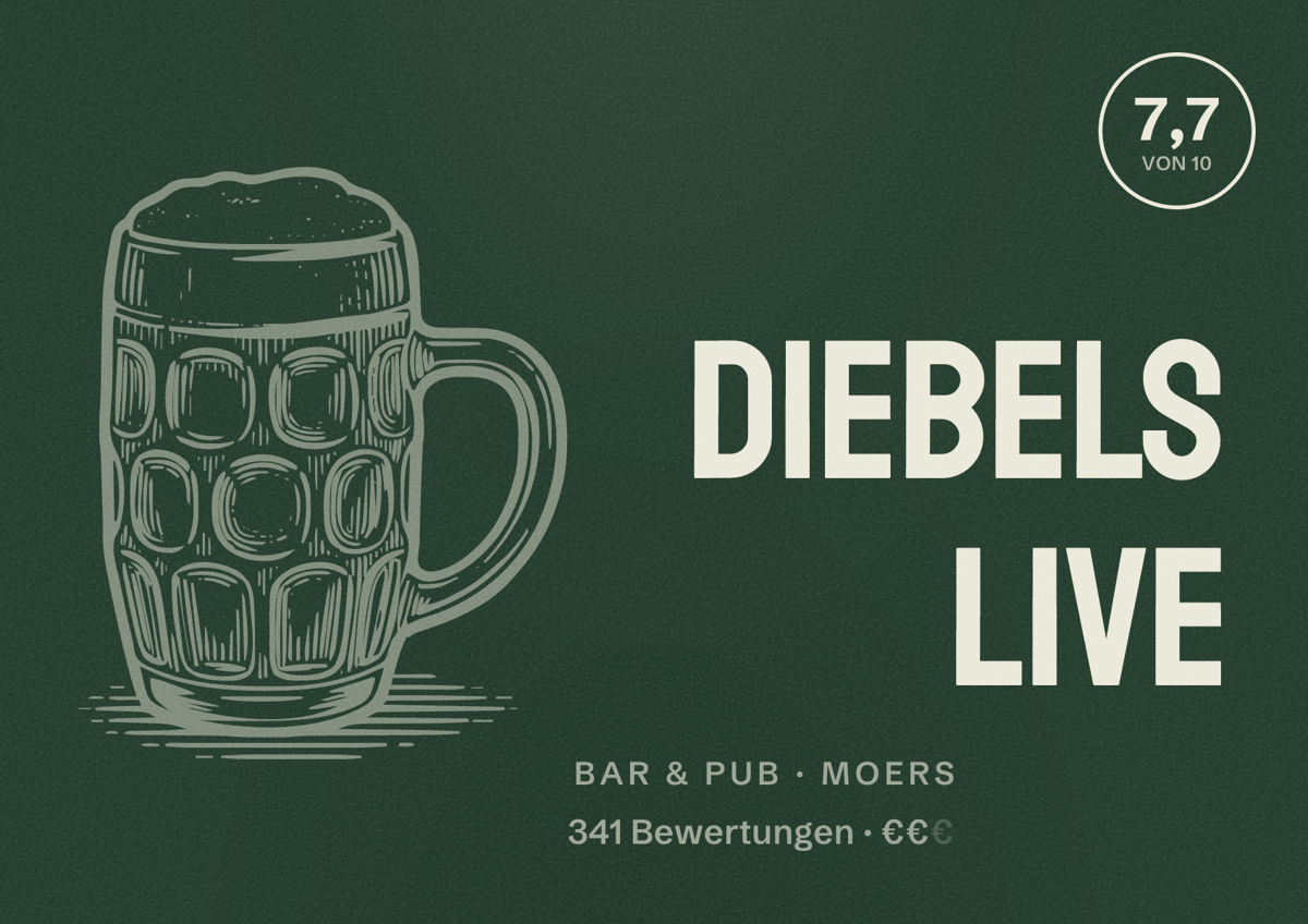 Illustriertes Poster von Diebels live, Bar & Pub in Moers: Bewertung 7,7 von 10 aus 341 Bewertungen, Preisniveau €€