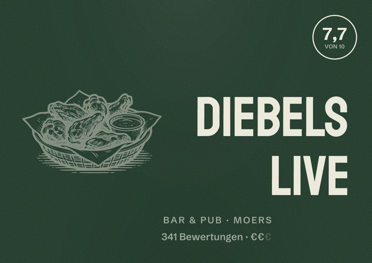 Illustriertes Poster von Diebels live, Bar & Pub in Moers: Bewertung 7,7 von 10 aus 341 Bewertungen, Preisniveau €€