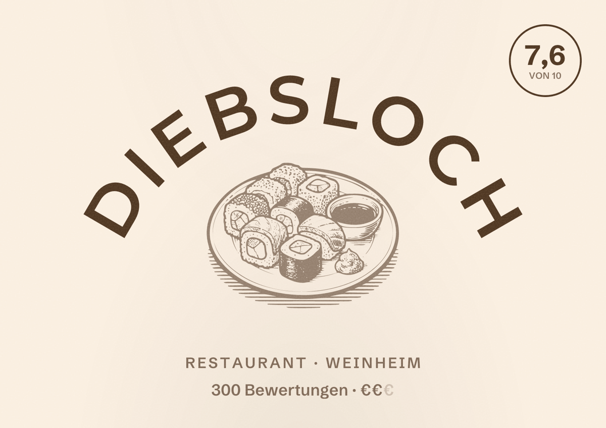 Illustriertes Poster von Diebsloch, Restaurant in Weinheim: Bewertung 7,6 von 10 aus 300 Bewertungen, Preisniveau €€