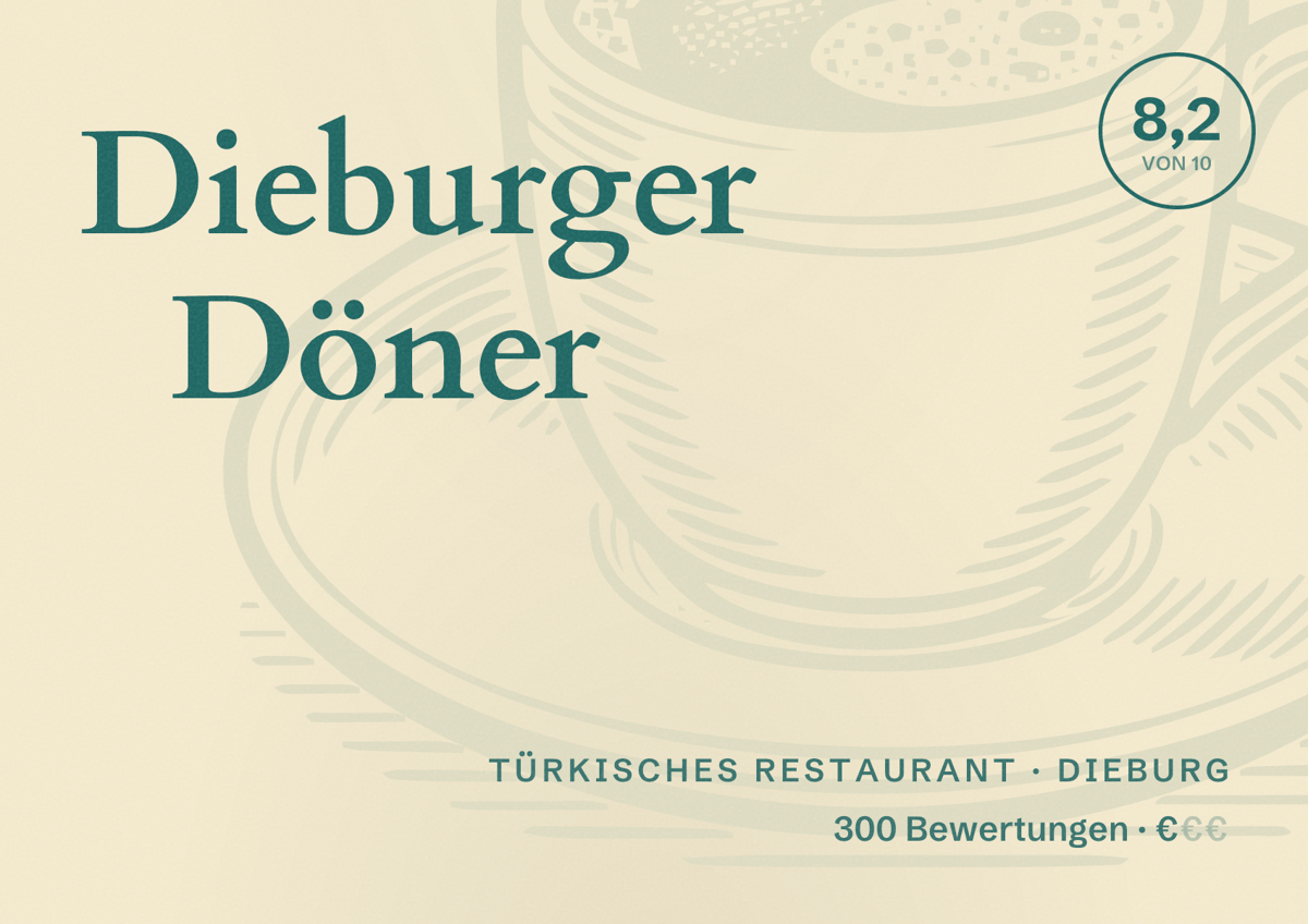 Illustriertes Poster von Dieburger Döner, Türkisches Restaurant in Dieburg: Bewertung 8,2 von 10 aus 300 Bewertungen, Preisniveau €