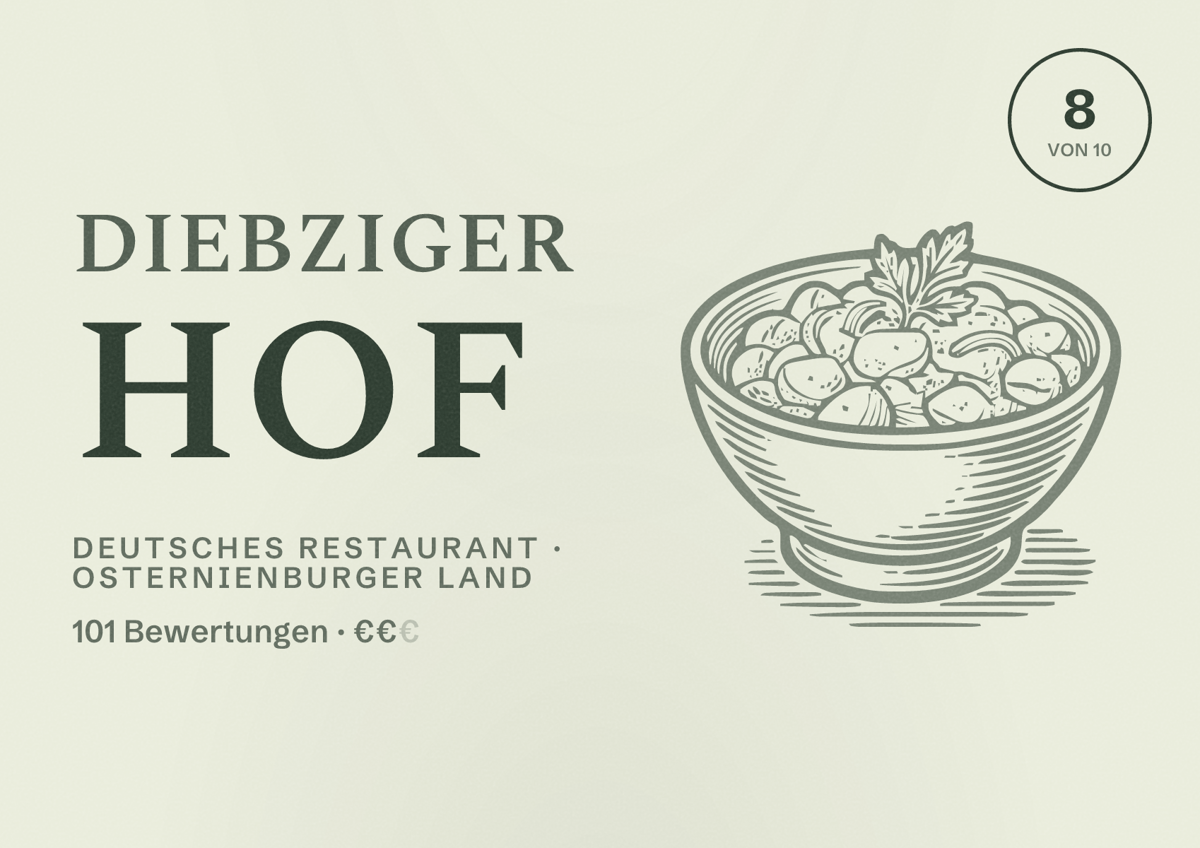 Illustriertes Poster von Diebziger Hof, Deutsches Restaurant in Osternienburger Land: Bewertung 8 von 10 aus 101 Bewertungen, Preisniveau €€