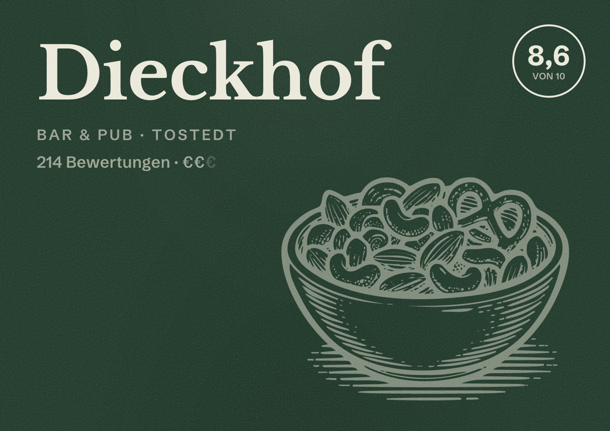 Illustriertes Poster von Dieckhof, Bar & Pub in Tostedt: Bewertung 8,6 von 10 aus 214 Bewertungen, Preisniveau €€