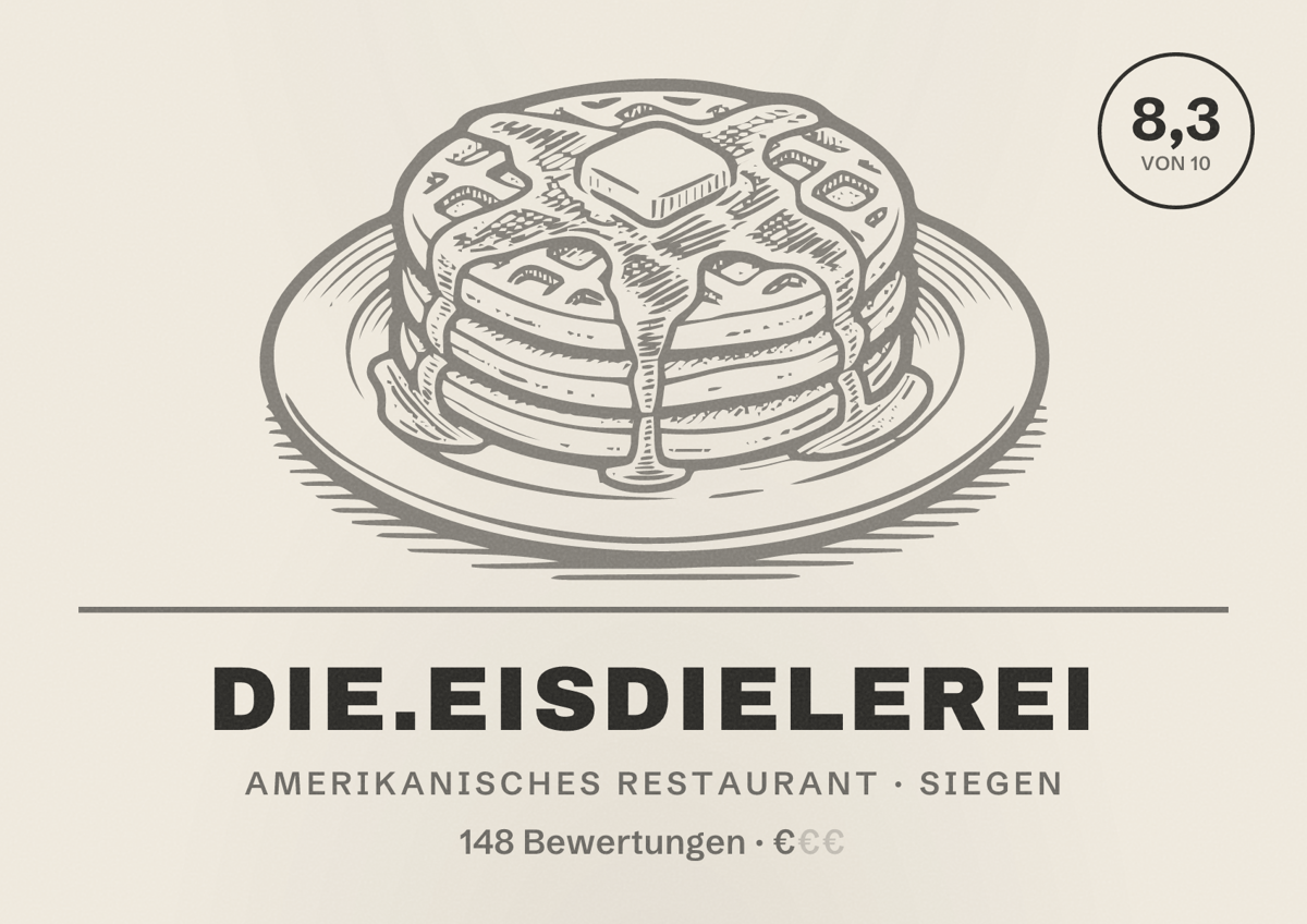 Illustriertes Poster von DIE.EISDIELEREI, Amerikanisches Restaurant in Siegen: Bewertung 8,3 von 10 aus 148 Bewertungen, Preisniveau €