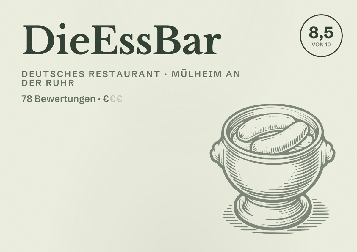 Illustriertes Poster von DieEssBar, Deutsches Restaurant in Mülheim an der Ruhr: Bewertung 8,5 von 10 aus 78 Bewertungen, Preisniveau €