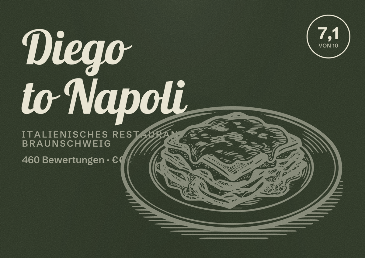 Illustriertes Poster von Diego to Napoli, Italienisches Restaurant in Braunschweig: Bewertung 7,1 von 10 aus 460 Bewertungen, Preisniveau €€