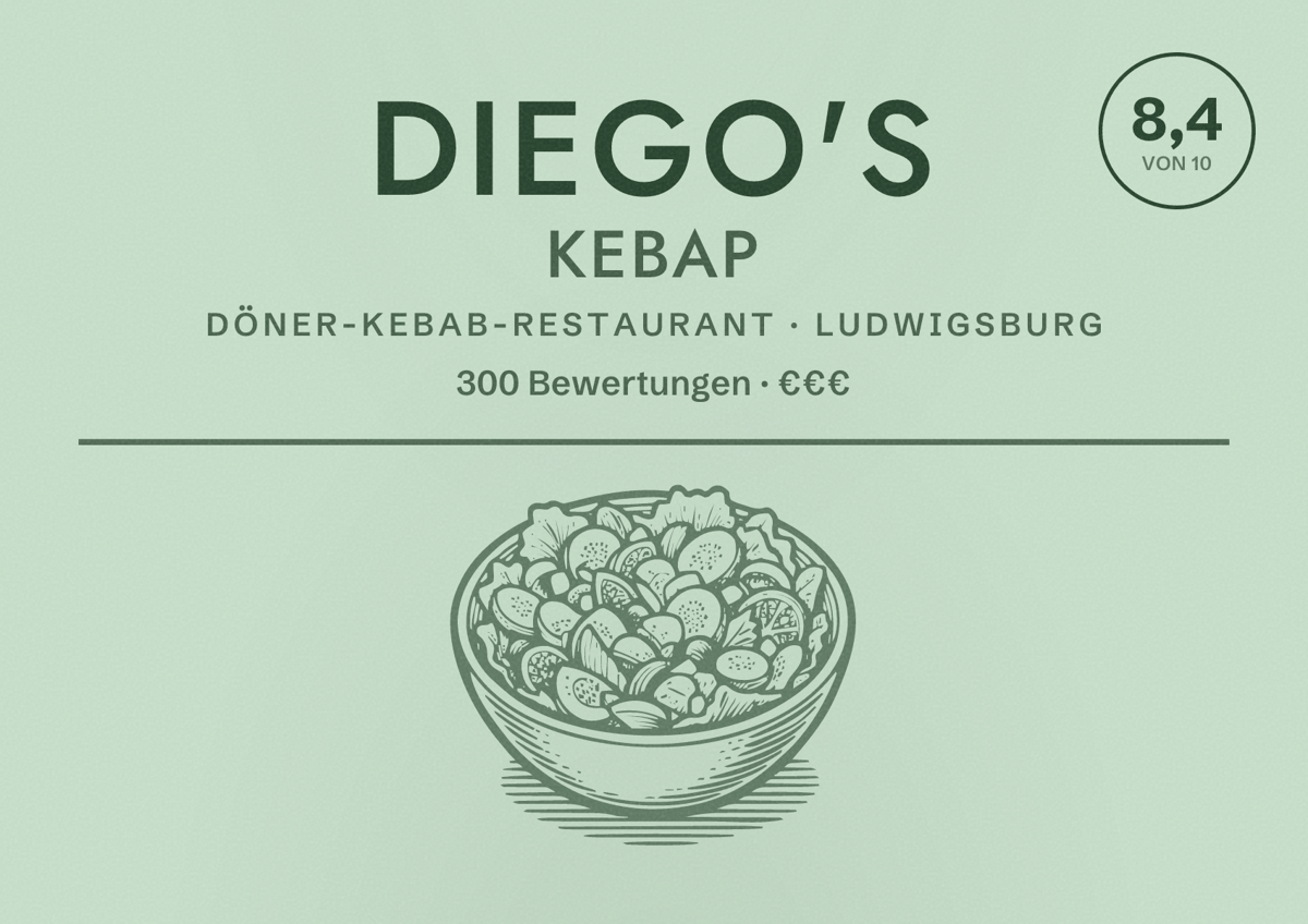 Illustriertes Poster von Diego's Kebap, Döner-Kebab-Restaurant in Ludwigsburg: Bewertung 8,4 von 10 aus 300 Bewertungen, Preisniveau €€€