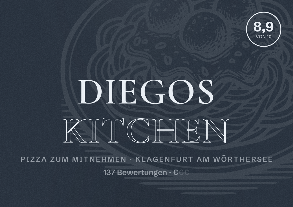 Illustriertes Poster von Diegos Kitchen, Pizza zum Mitnehmen in Klagenfurt am Wörthersee: Bewertung 8,9 von 10 aus 137 Bewertungen, Preisniveau €