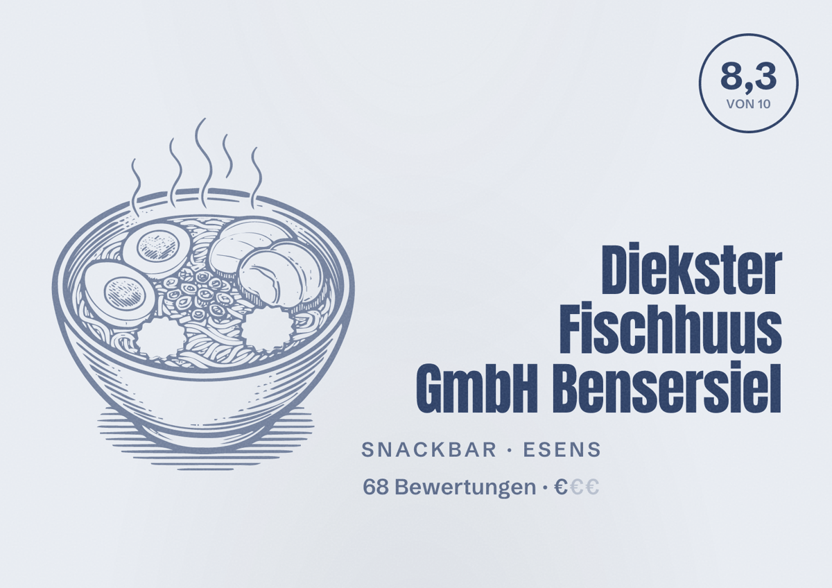 Illustriertes Poster von Diekster Fischhuus GmbH Bensersiel, Snackbar in Esens: Bewertung 8,3 von 10 aus 68 Bewertungen, Preisniveau €