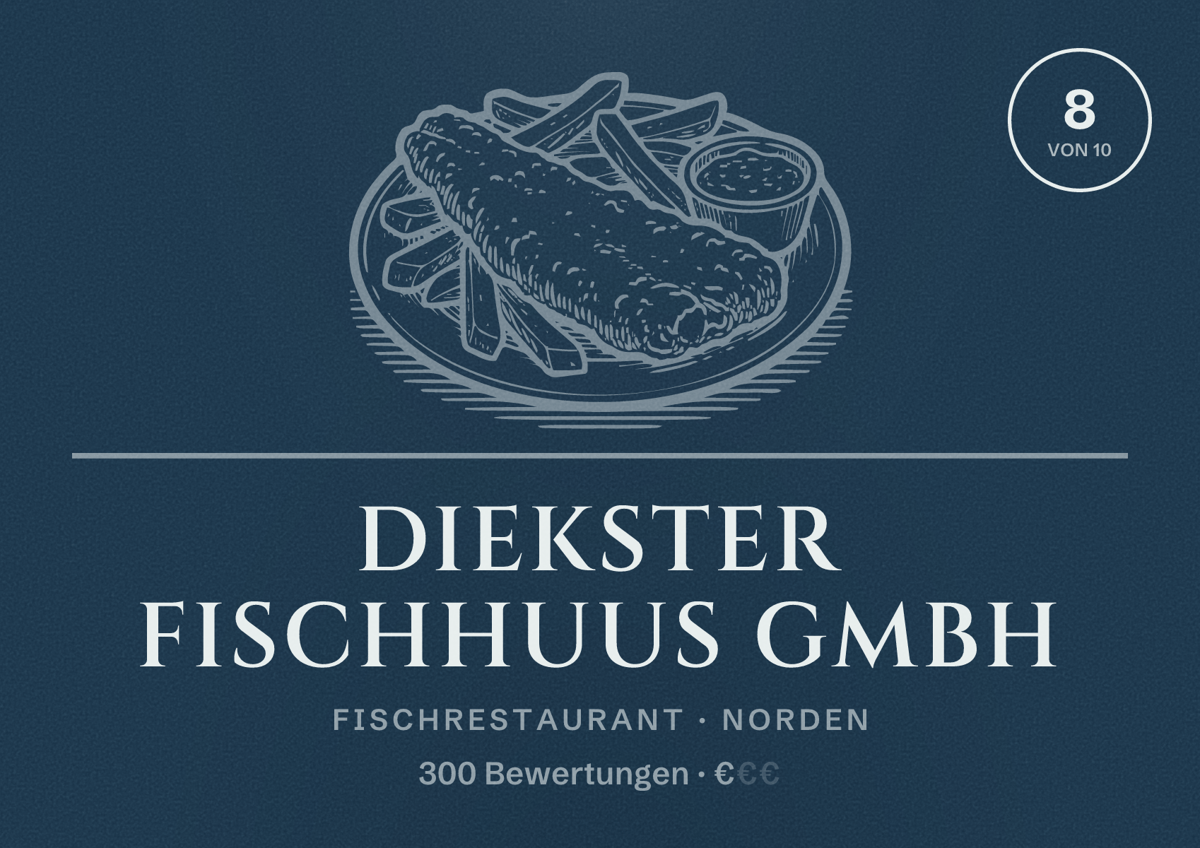 Illustriertes Poster von Diekster Fischhuus GmbH, Fischrestaurant in Norden: Bewertung 8 von 10 aus 300 Bewertungen, Preisniveau €