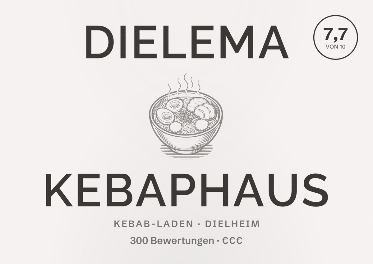 Illustriertes Poster von Dielema Kebaphaus, Kebab-Laden in Dielheim: Bewertung 7,7 von 10 aus 300 Bewertungen, Preisniveau €€€