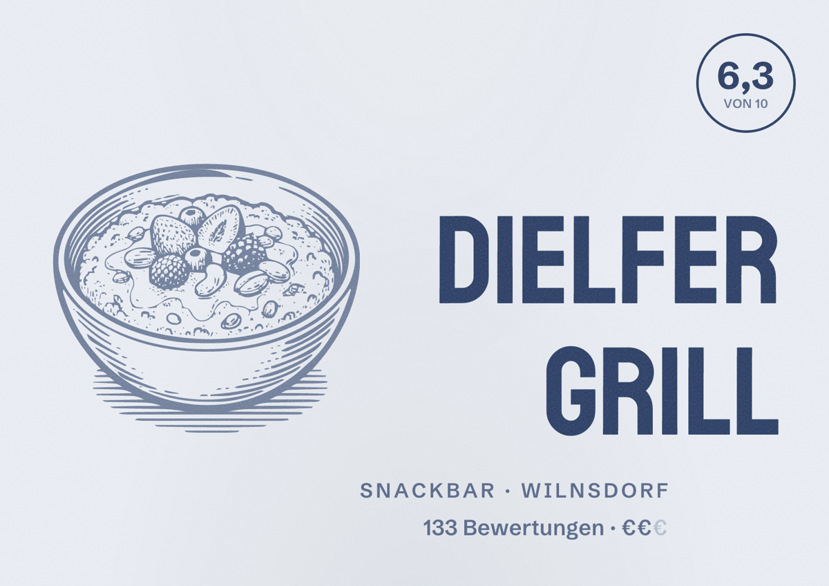 Illustriertes Poster von Dielfer Grill, Snackbar in Wilnsdorf: Bewertung 6,3 von 10 aus 133 Bewertungen, Preisniveau €€