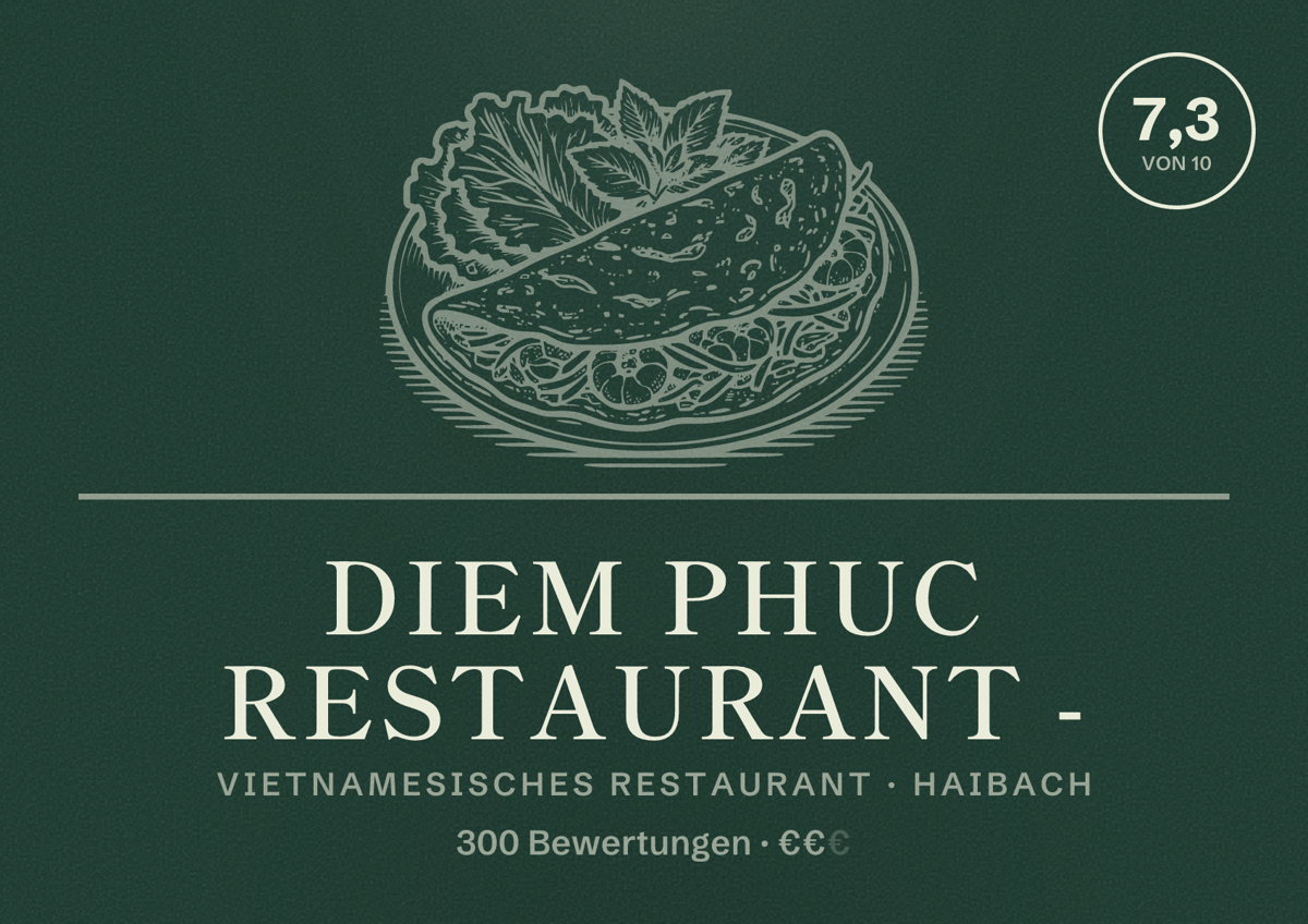 Illustriertes Poster von Diem Phuc Restaurant -, Vietnamesisches Restaurant in Haibach: Bewertung 7,3 von 10 aus 300 Bewertungen, Preisniveau €€