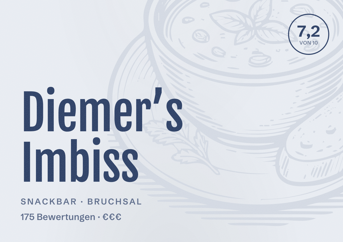 Illustriertes Poster von Diemer’s Imbiss, Snackbar in Bruchsal: Bewertung 7,2 von 10 aus 175 Bewertungen, Preisniveau €€€