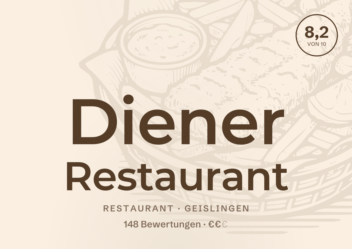 Illustriertes Poster von Diener Restaurant, Restaurant in Geislingen: Bewertung 8,2 von 10 aus 148 Bewertungen, Preisniveau €€